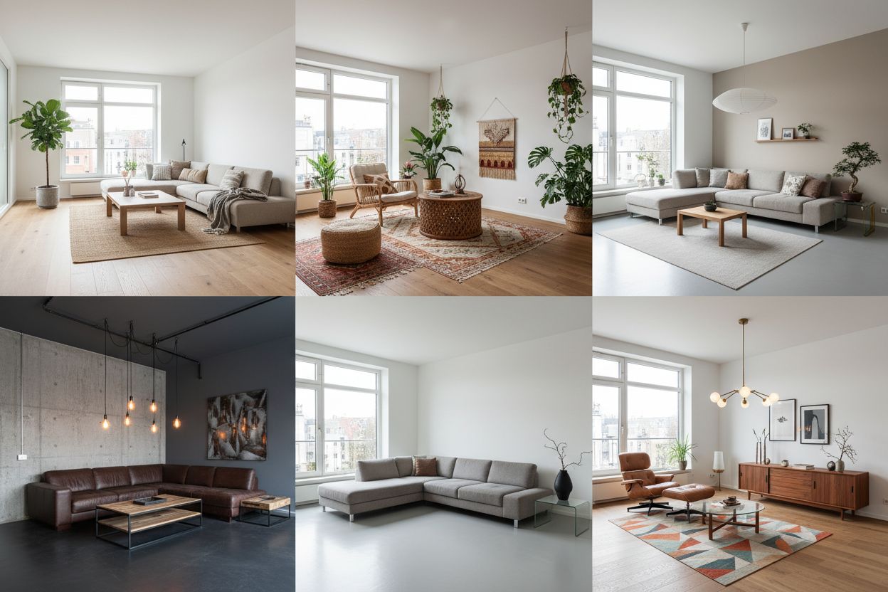 DecorAI KI-Einrichtungs-App Stilvariationen: dasselbe Wohnzimmer in sechs Einrichtungsstilen – Skandinavisch, Boho, Japandi, Industrial, Modern Minimalistisch und Mid-Century Modern im direkten Vergleich