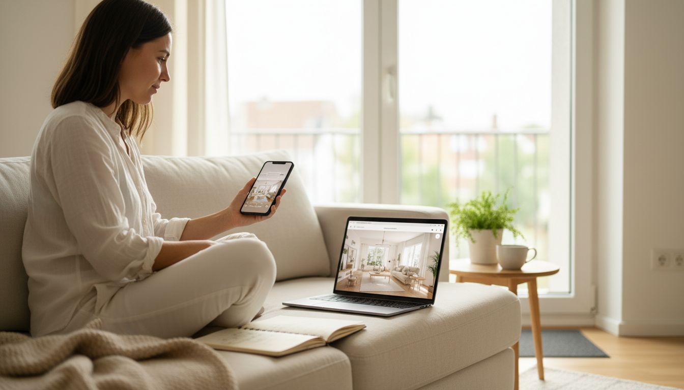 Junge Frau plant ihre Wohnung mit der DecorAI KI-Einrichtungs-App gleichzeitig auf Smartphone und Laptop – die App läuft auf iOS, Android und im Browser, ArchAI nur auf iPhone