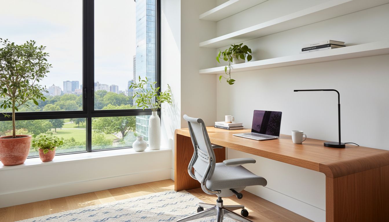 Helles modernes Homeoffice mit Schreibtisch und Pflanzen als Beispiel für vielseitige Raumtypen