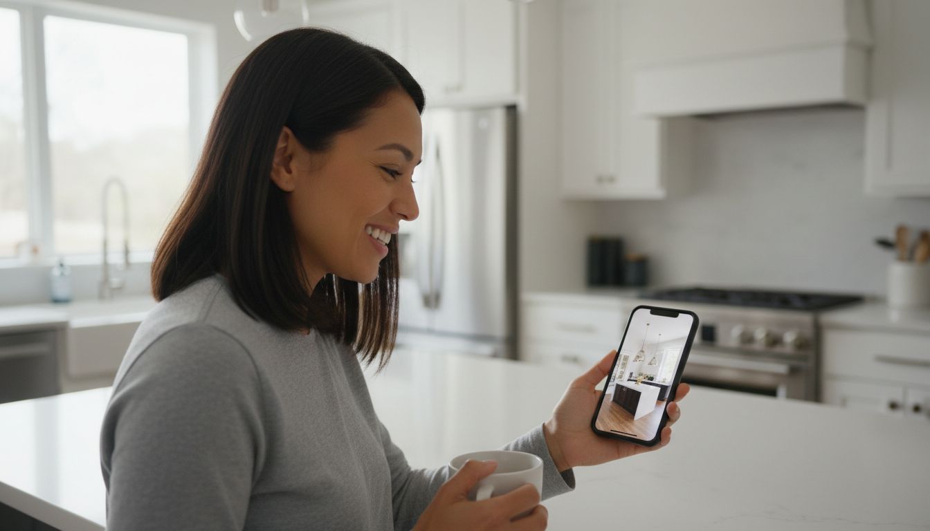 Person betrachtet lächelnd eine neu gestaltete Küche auf dem Smartphone in der echten Küche