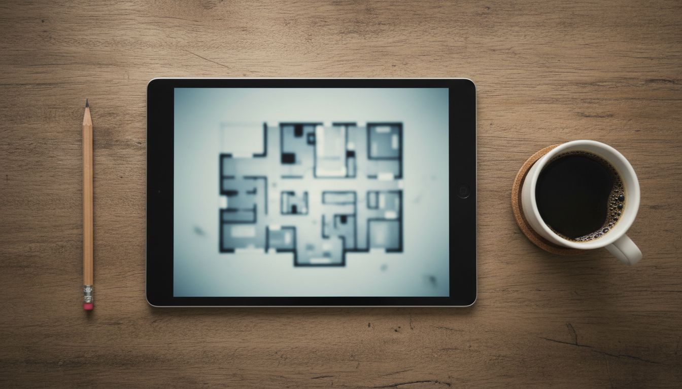 Tablet mit einem abstrakten Grundriss-Entwurf auf einem Holztisch, daneben ein Bleistift und eine Tasse Kaffee
