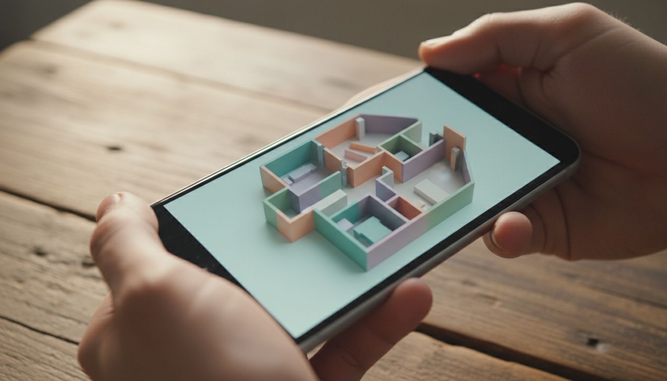Smartphone-Bildschirm zeigt ein abstraktes 3D-Puppenhaus-Modell eines Grundrisses