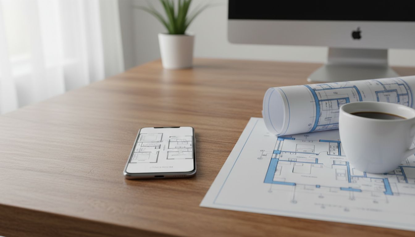 Smartphone auf einem Schreibtisch zeigt einen digitalen Grundriss neben einem gedruckten Bauplan