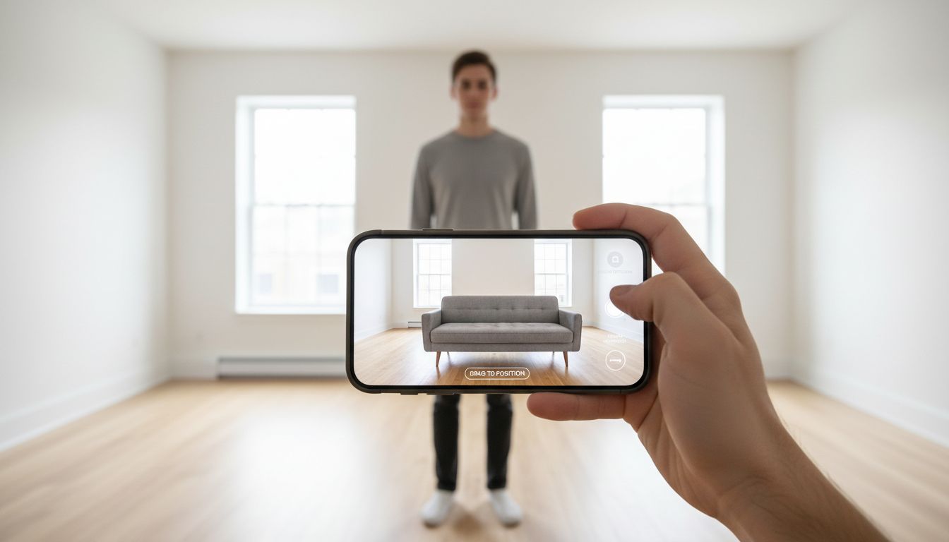 Person hält Smartphone in einem leeren Raum, AR-Vorschau zeigt ein Sofa an der passenden Position