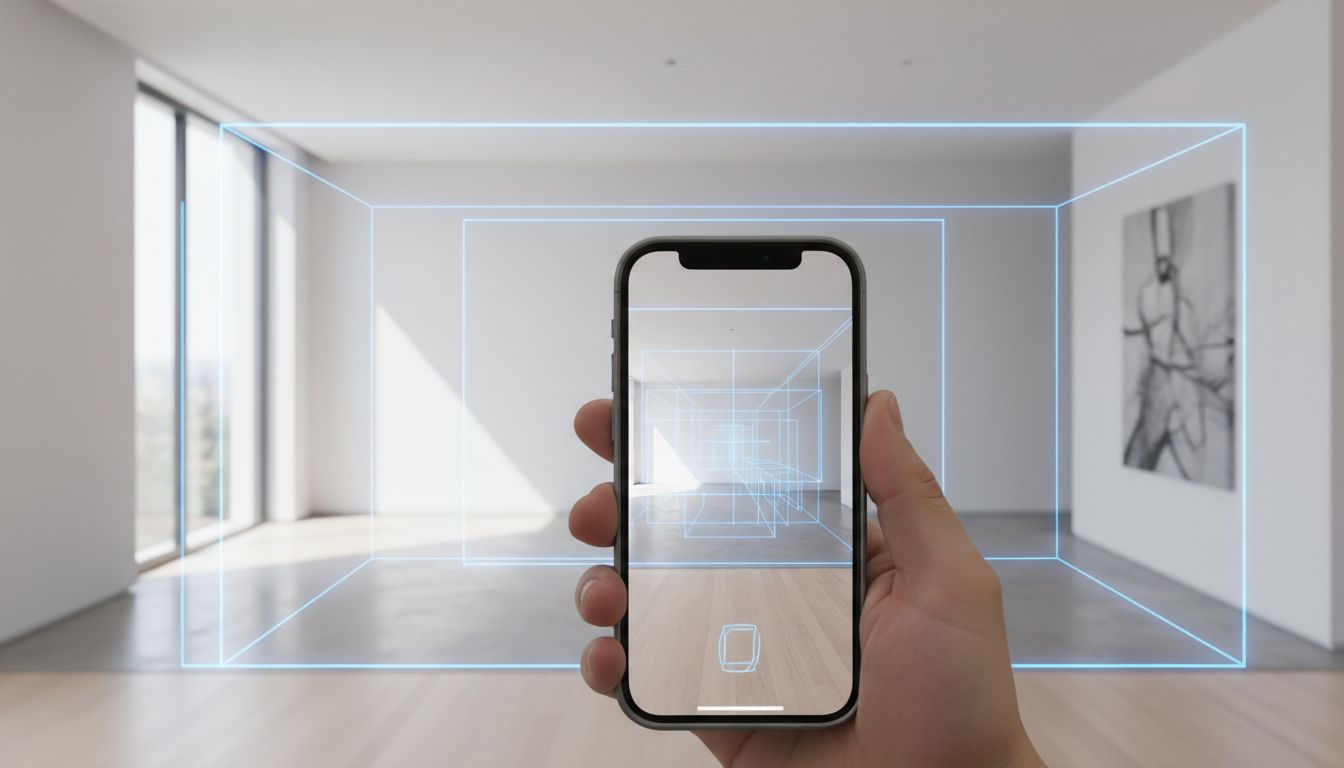 Hand hält iPhone und scannt ein Zimmer mit LiDAR, AR-Overlay zeigt den 3D-Scan in Echtzeit