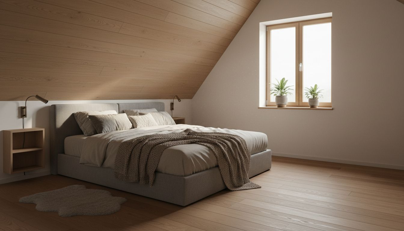 Schlafzimmer unter dem Dach mit Bett, dessen Kopfende an der niedrigen Dachschräge steht