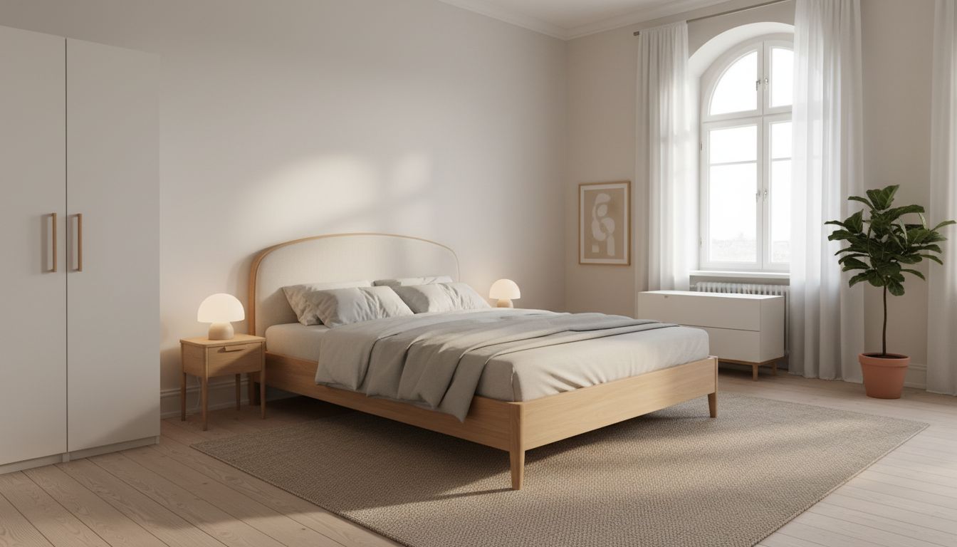 Bett im Schlafzimmer stellen: Doppelbett mit Kopfende an der Längswand, Nachttischen und freiem Zugang von beiden Seiten