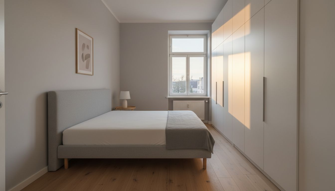 Schmales Schlafzimmer mit Bett, bei dem eine Längsseite an der Wand steht und ein freier Laufweg am Kleiderschrank bleibt