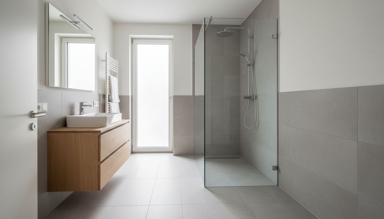 Badezimmer in einer modernen Wohnung mit großformatigen hellgrauen Bodenfliesen in Steinoptik und Waschtisch aus Eiche