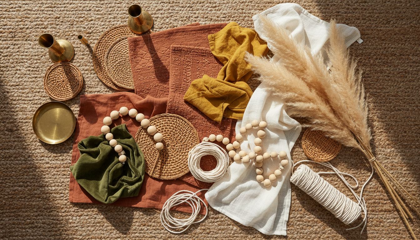 Boho Farbpalette mit Stoffen, Naturmaterialien und typischen Farbtönen