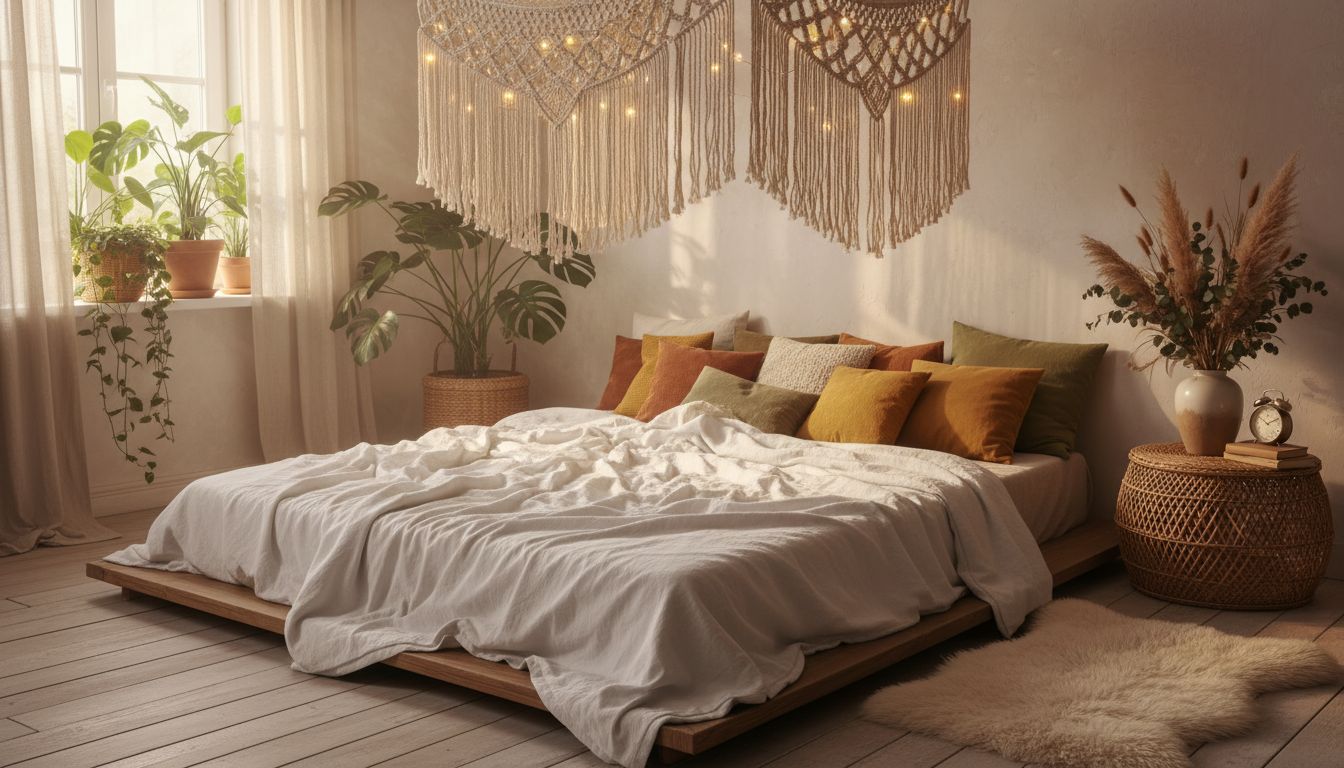 Romantisches Boho Schlafzimmer mit Makramee, Lichterketten und vielen Textilien