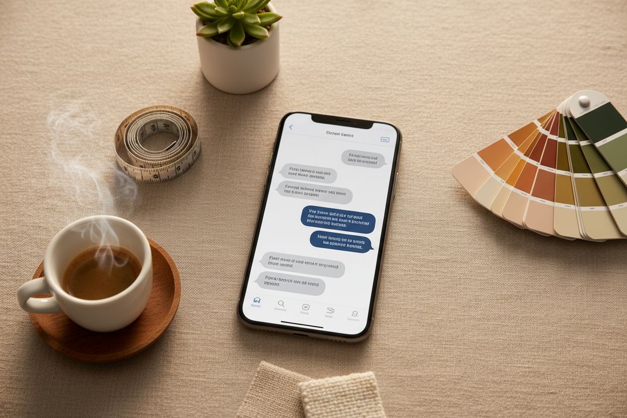 ChatGPT Prompts für Inneneinrichtung im Beispiel: Smartphone zeigt KI Chat über Einrichtungsstil und Möbelauswahl, daneben Farbpalette mit beige, terrakotta und olivgrün sowie Stoffmuster und Maßband
