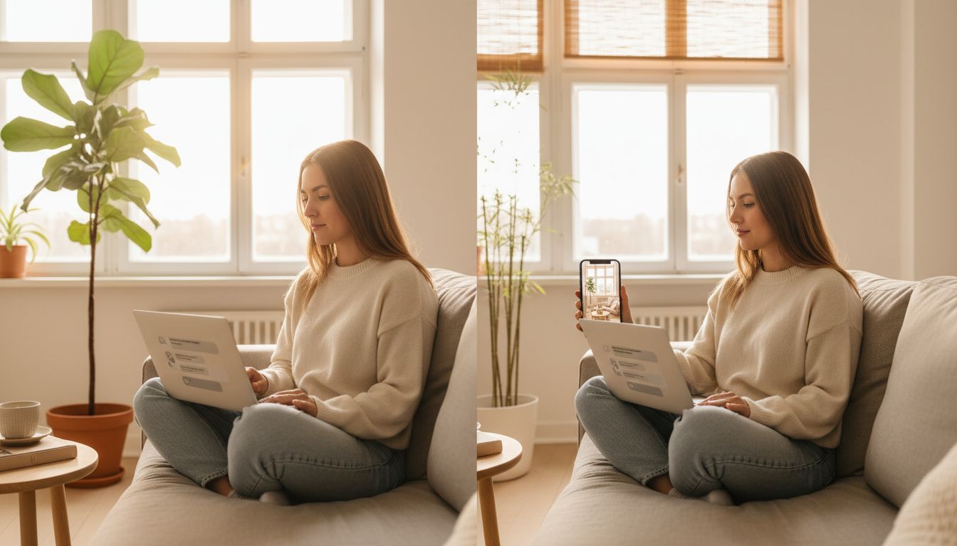 ChatGPT und DecorAI gemeinsam nutzen: Junge Frau auf Sofa hält Laptop mit ChatGPT Chat für Einrichtungsberatung und gleichzeitig Smartphone mit DecorAI das ihr Wohnzimmer im Japandi-Stil zeigt