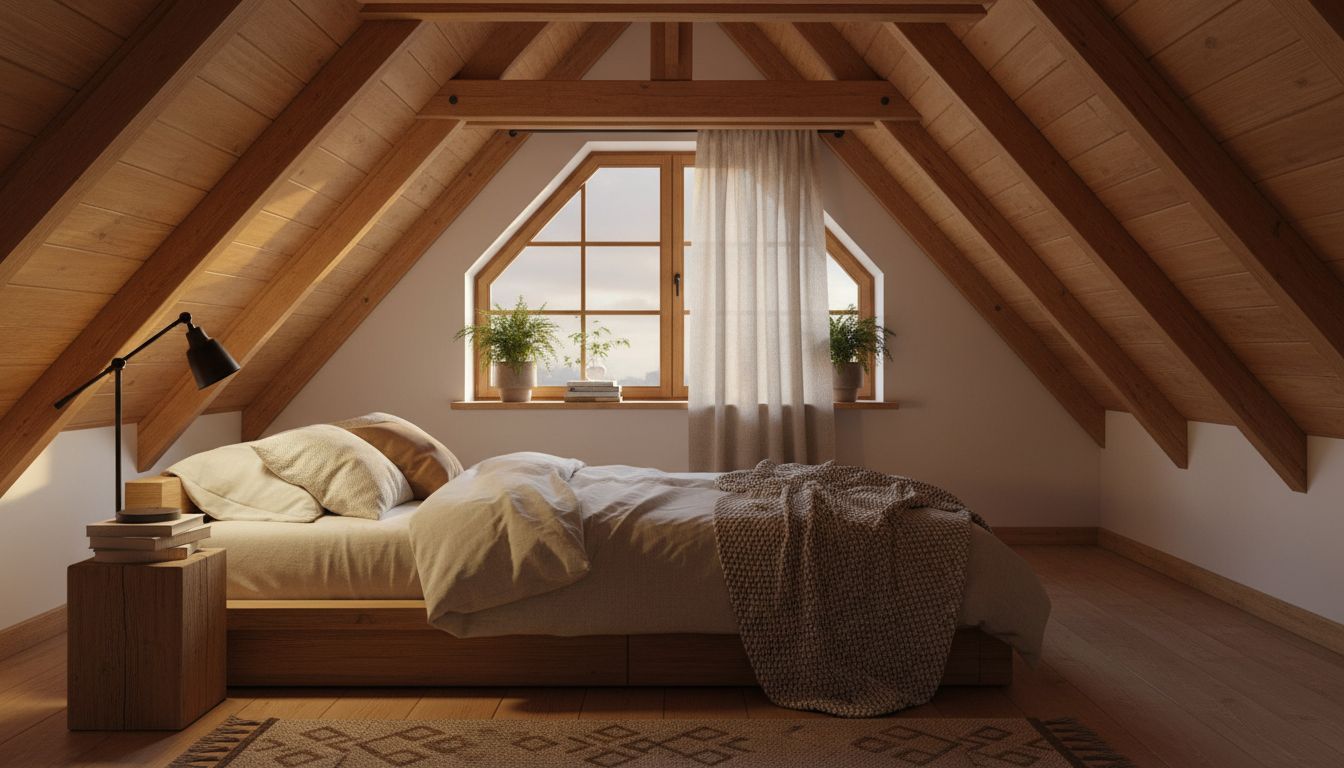 Gemütliches Dachgeschoss-Schlafzimmer mit niedrigem Bett unter der Dachschräge, Holzbalken und warmer Abendbeleuchtung