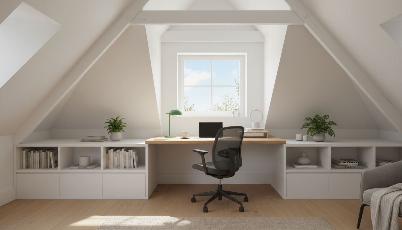 Dachgeschoss-Arbeitsplatz mit maßgefertigtem Einbauschrank am Kniestock, Holzschreibtisch unter dem Dachfenster und viel Tageslicht