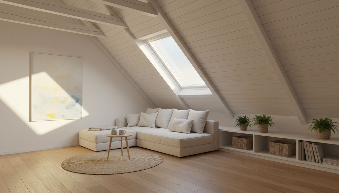 Dachschräge mit KI einrichten: heller Dachraum mit weiß gestrichener Holzschräge, Dachfenster, niedrigem Sofa und Regal in der Kniestockwand