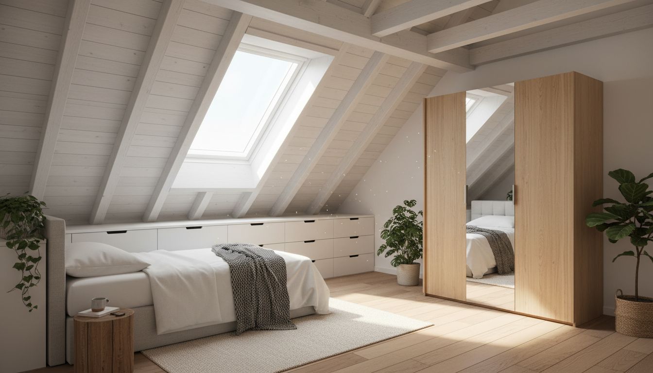 Dachschlafzimmer mit Schubladenkorpus unter der Schräge, Bett an der niedrigen Seite und Kleiderschrank an der hohen Wand
