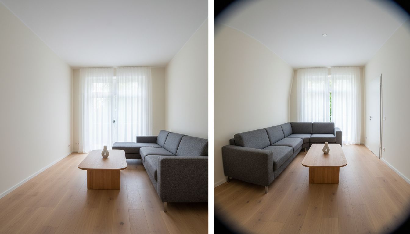 Vergleich zweier Raumfotos: einmal aus der Zimmerecke mit klarer Perspektive, einmal verzerrt aus zu geringem Abstand zur Wand