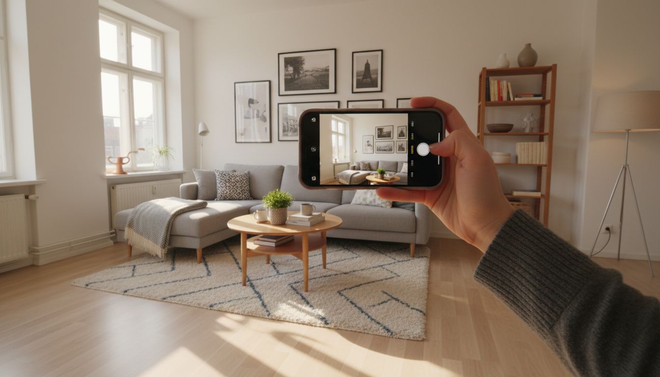 Datenschutz bei KI-Raumgestaltung: Person fotografiert mit dem Smartphone das eigene Wohnzimmer für eine KI-Raumgestaltungs-App