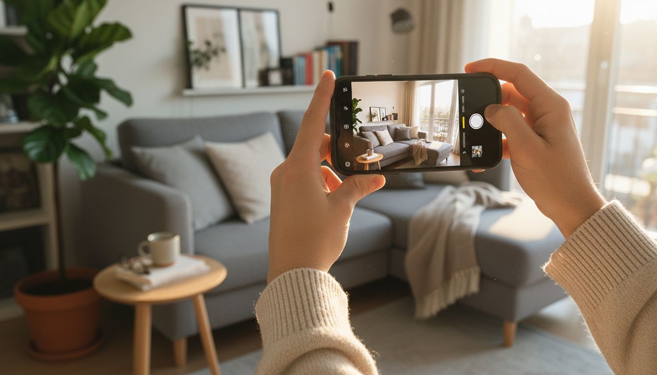 Hände fotografieren mit dem Smartphone eine Wohnzimmerecke, bevor das Foto für eine KI-Raumgestaltungs-App hochgeladen wird