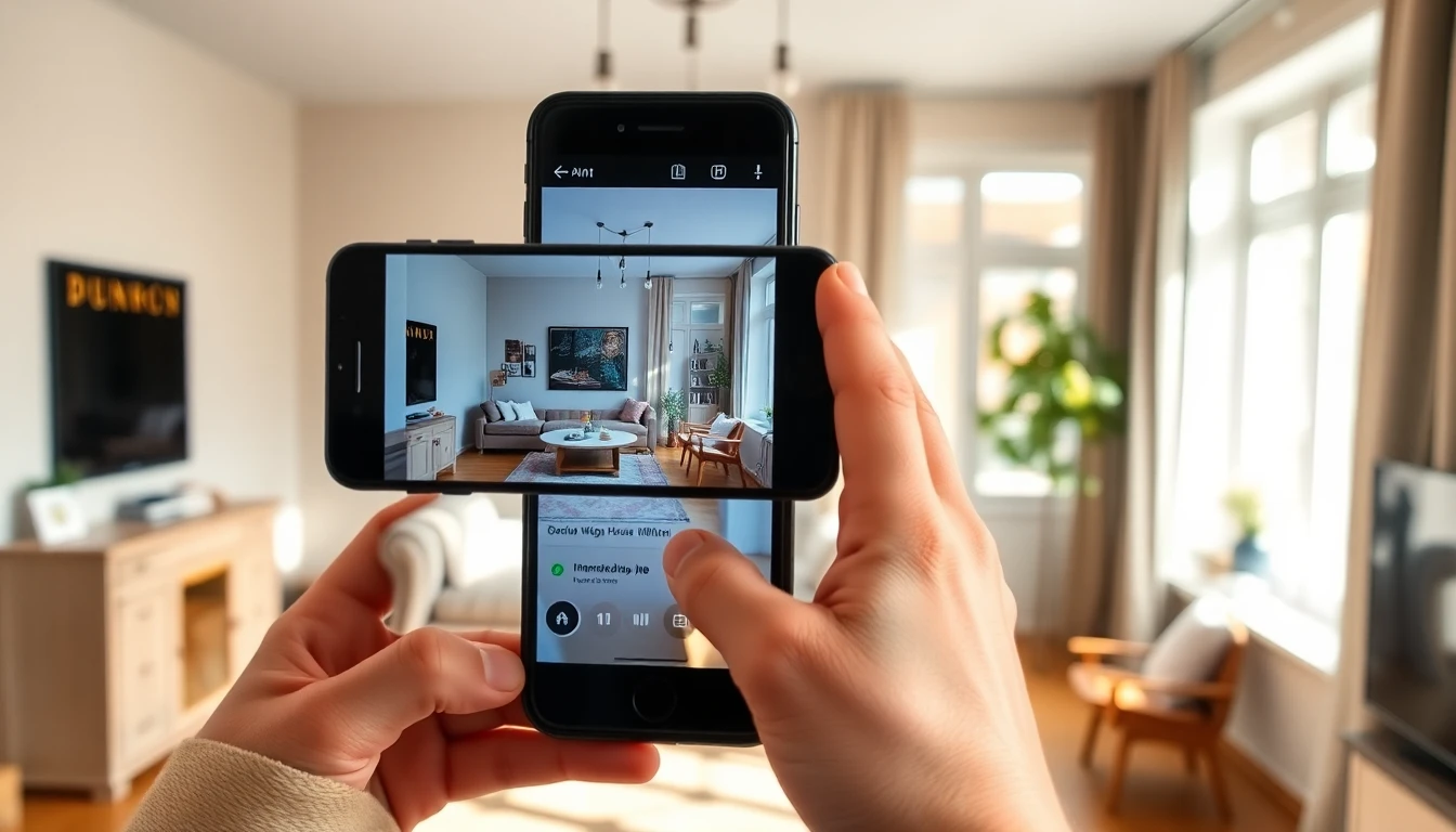 Person zuhause hält Smartphone und macht ein Foto vom Wohnzimmer für die DecorAI KI Einrichtungsapp, gemütliche deutsche Wohnung im warmen Nachmittagslicht