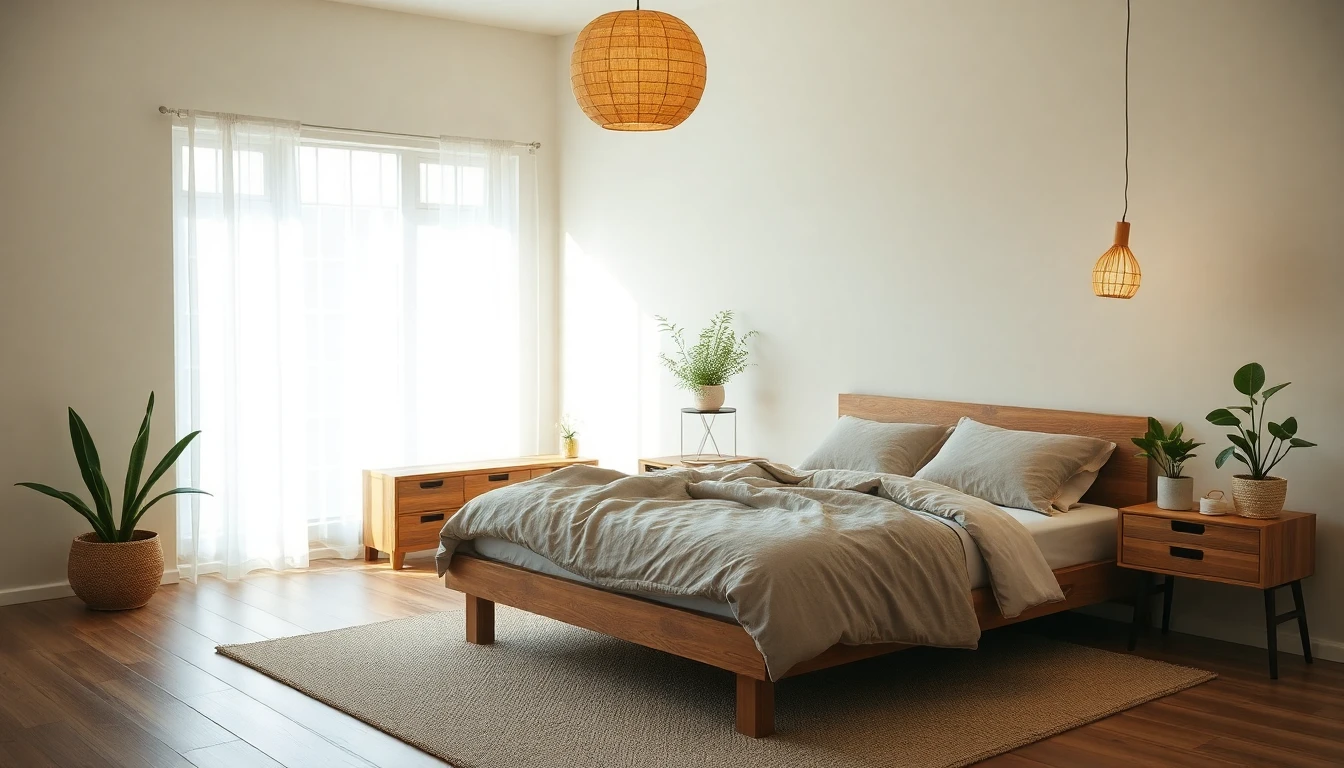 Neu gestaltetes Schlafzimmer im warmen minimalistischen Stil mit niedrigem Holzbett, Leinenbettwäsche in Erdtönen, Papierleuchte und Pflanzen, Ergebnis aus der DecorAI KI Einrichtungsapp