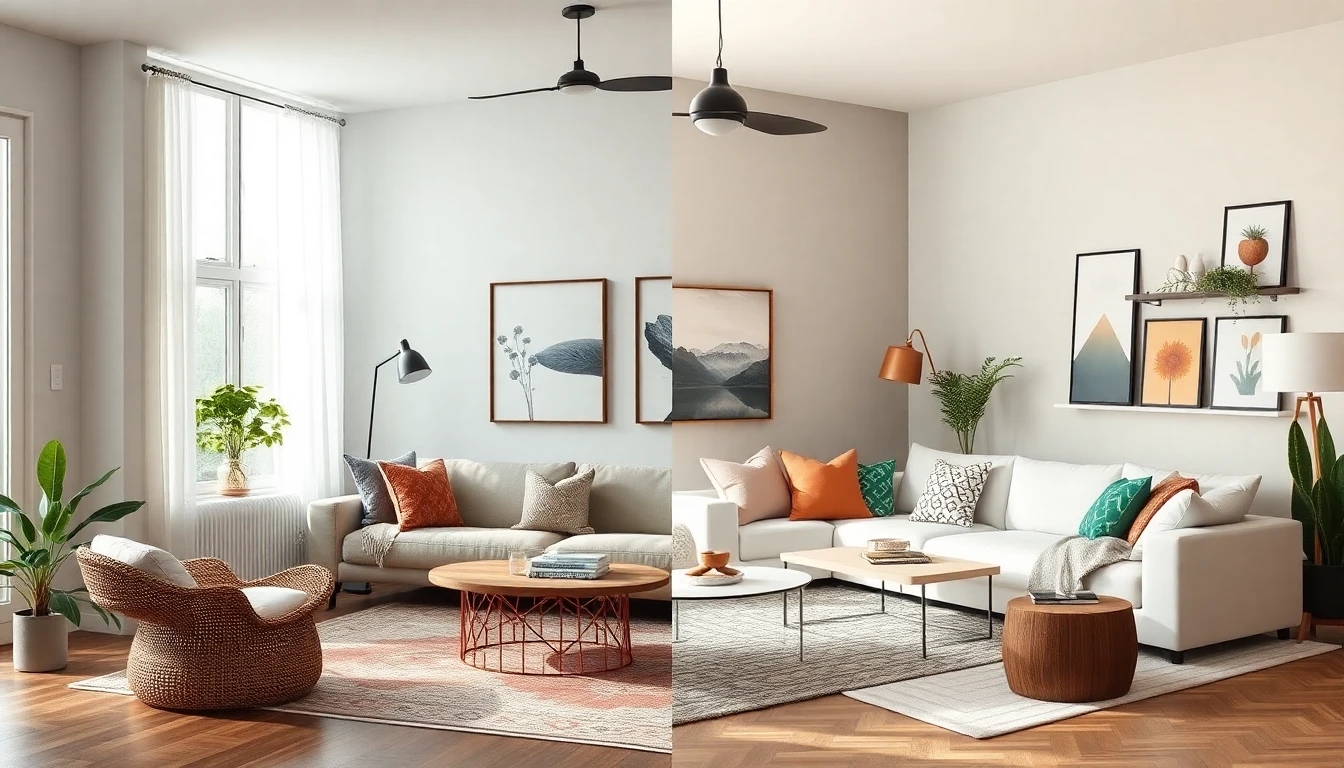 Verschiedene Einrichtungsstile im Vergleich, skandinavisch boho industrial japandi minimalistisch als Collage von Wohnzimmer Beispielen in der DecorAI KI Einrichtungsapp