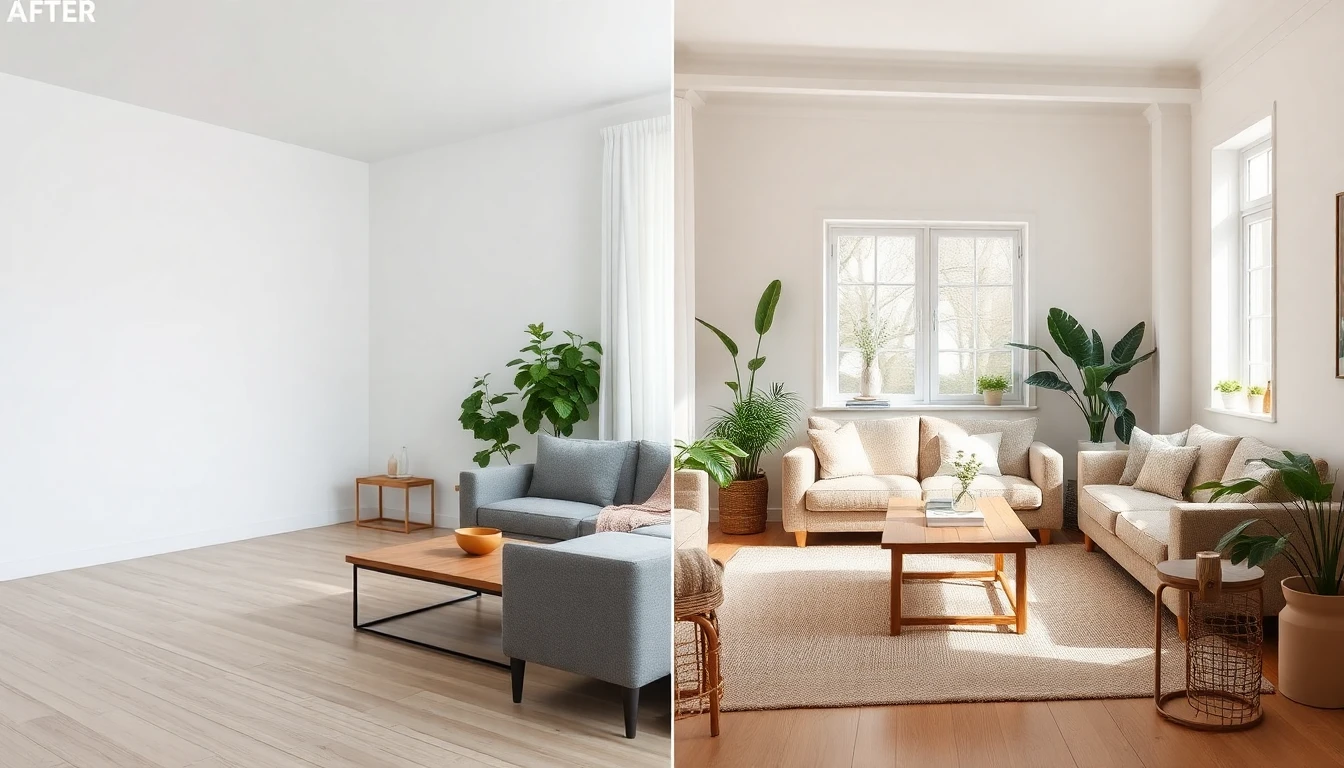 Vorher Nachher Vergleich eines Wohnzimmers mit DecorAI KI Einrichtungsapp, links leerer Raum mit weißen Wänden, rechts derselbe Raum im warmen skandinavischen Stil mit Eichenmöbeln und beigem Sofa