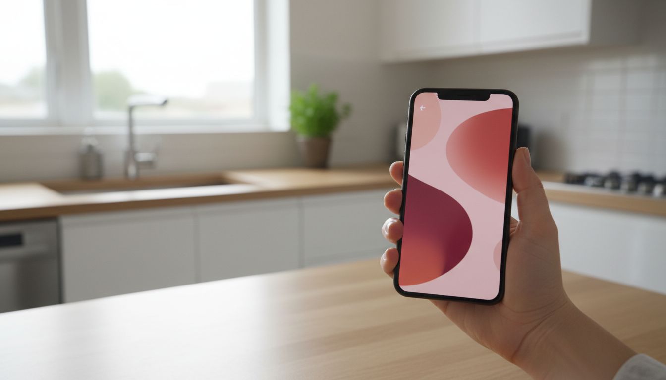 Hand hält Smartphone mit abstrakter Design-Vorschau in einer modernen hellen Küche