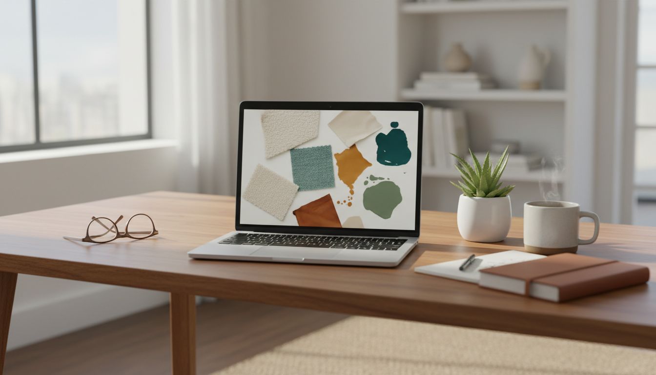 Schreibtisch mit geöffnetem Laptop, der ein abstraktes Moodboard mit Möbeln und Farbmustern zeigt