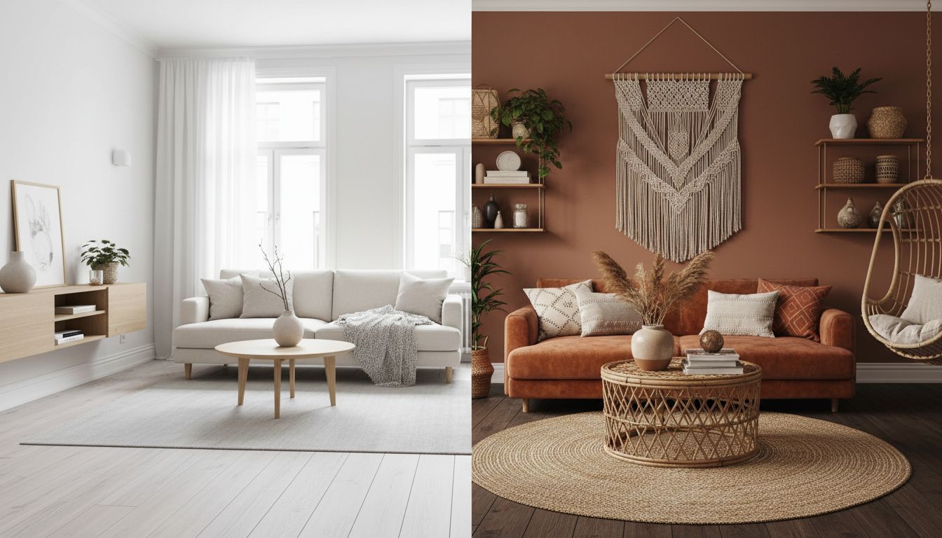 Ein Wohnzimmer im direkten Vergleich zweier Einrichtungsstile, links minimalistisch skandinavisch, rechts warmer Boho-Look