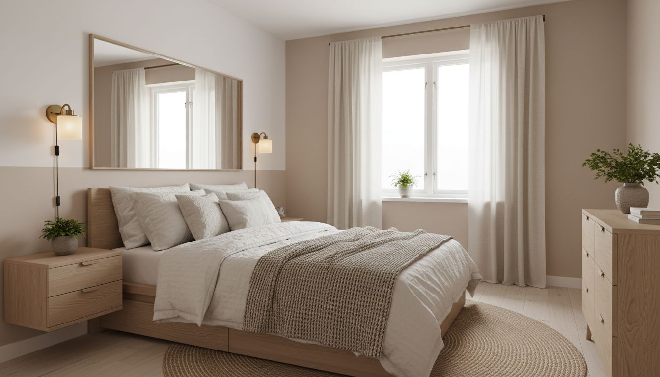 Kleines dunkles Schlafzimmer mit großem Wandspiegel gegenüber dem Fenster und hellen Möbeln