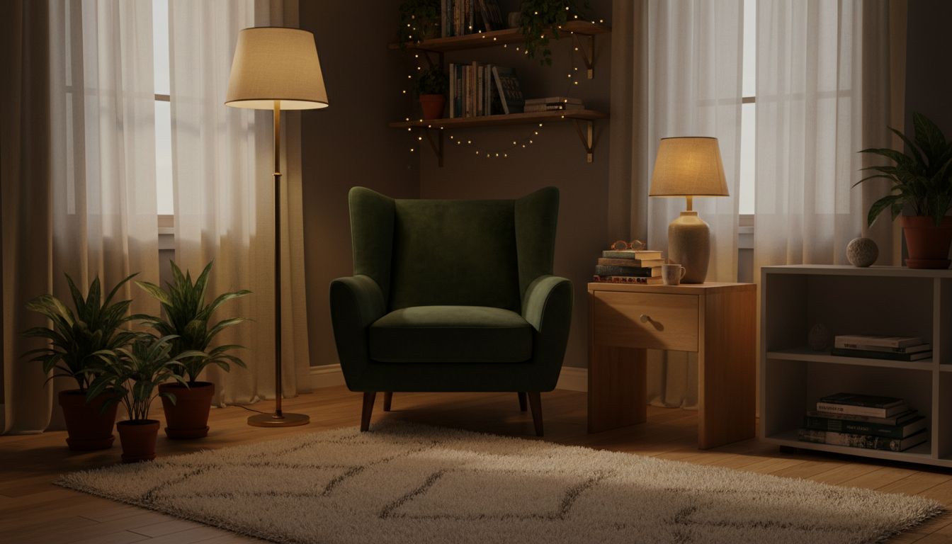 Gemütliche Leseecke in einem dunklen Zimmer mit warmem Lampenlicht, hellem Sessel und Pflanzen