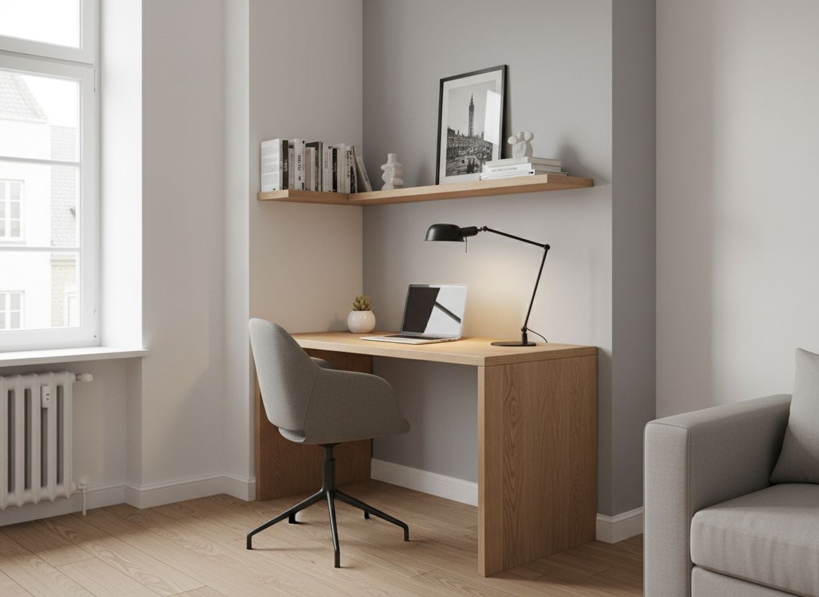 Ungenutzte Zimmerecke mit KI in eine kompakte Homeoffice-Ecke mit schmalem Schreibtisch verwandelt