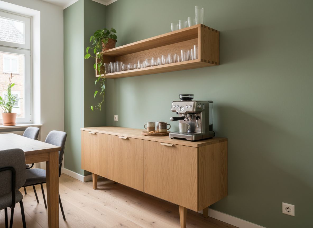 Kleine Kaffeebar-Ecke mit schmalem Sideboard und offenem Regal in einer zuvor ungenutzten Raumecke