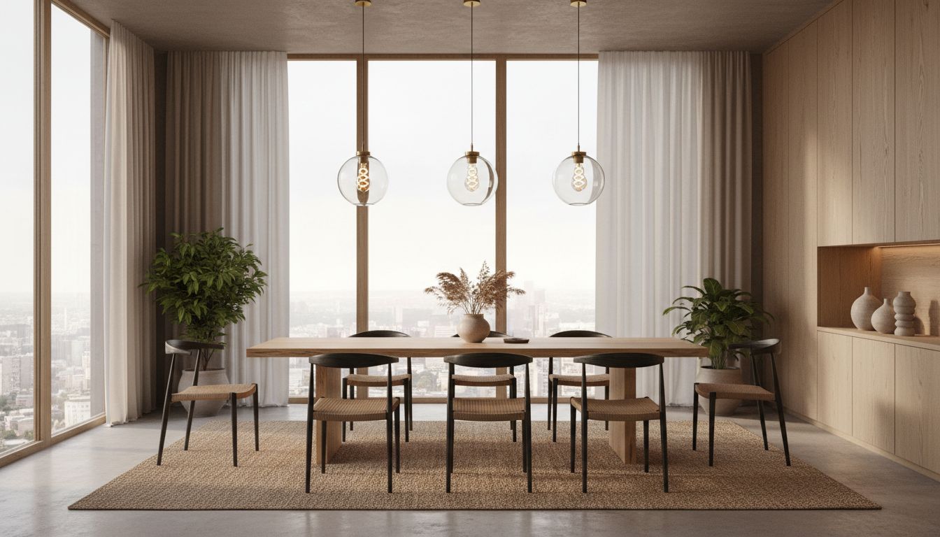 Esstisch mit drei runden Glas-Pendelleuchten in einer Reihe und Tageslicht durch ein großes Fenster
