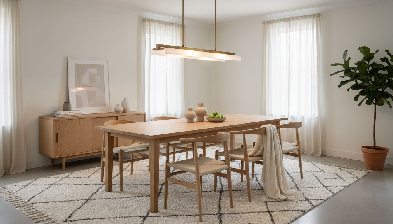 Moderner Essbereich mit einer länglichen Pendelleuchte über dem Holztisch und warmem Abendlicht