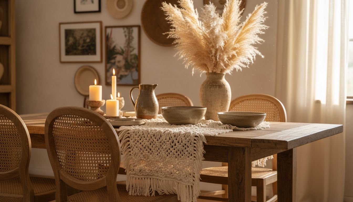 Boho-Esstisch mit Keramikgeschirr, gewebtem Tischläufer und getrockneten Gräsern in Vase