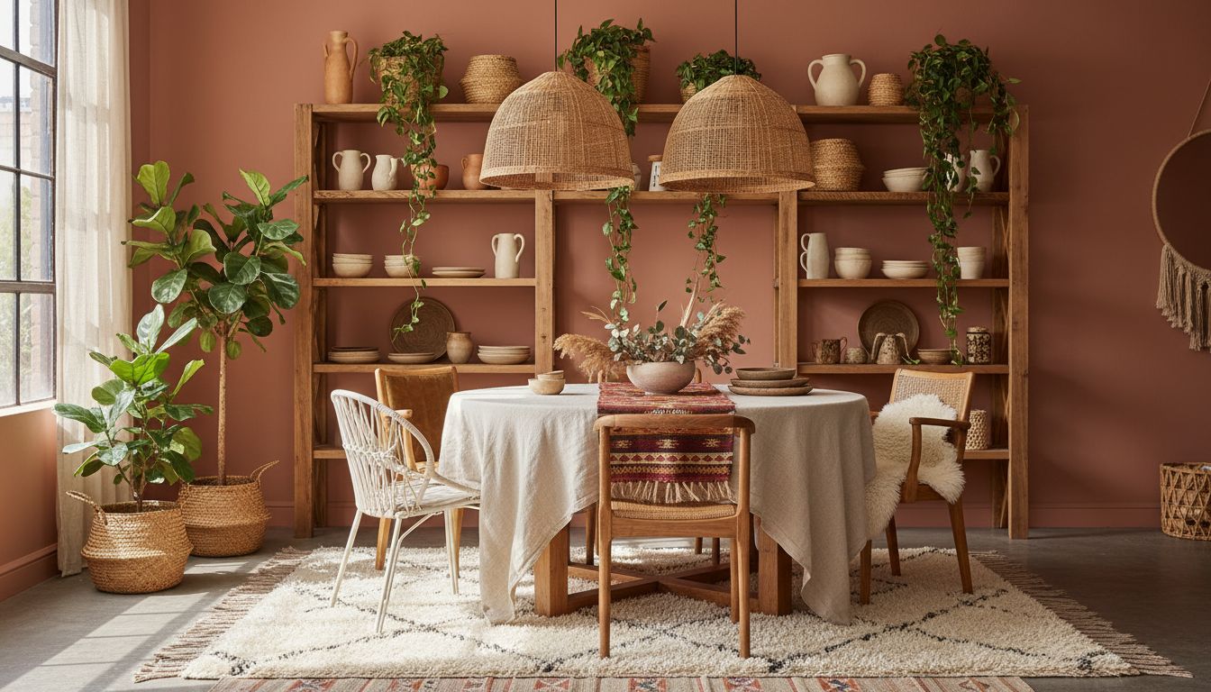 Boho-Essbereich mit offenem Regal, Keramik, Rattan-Pendelleuchten und Pflanzen