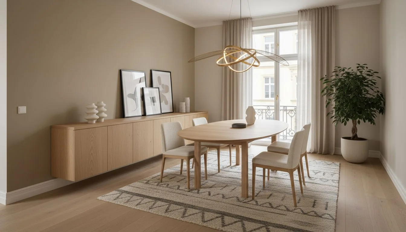 Modernes Esszimmer mit klarer Zonierung, ovalem Esstisch und Teppich