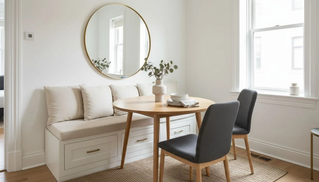 Kleiner heller Essbereich mit Sitzbank, rundem Tisch und Spiegel