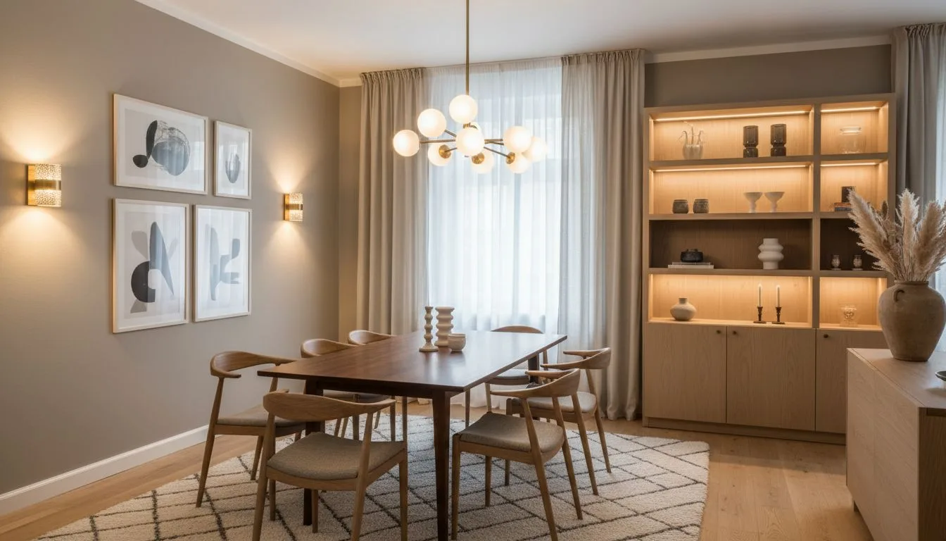 Esszimmer mit warmer Beleuchtung, Pendelleuchte und harmonischen Naturtönen