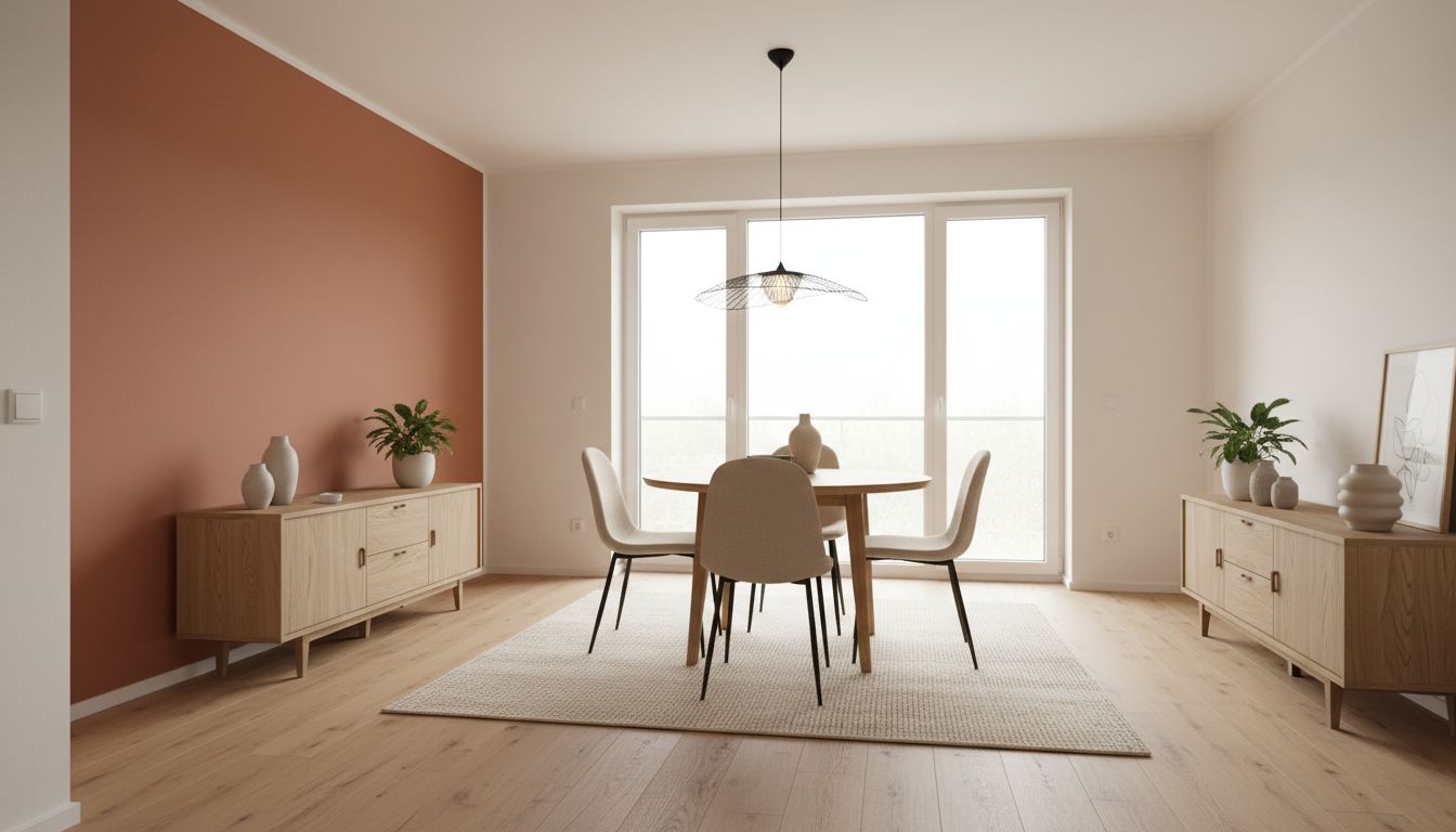 Esszimmer mit KI eingerichtet: heller Holztisch, gepolsterte Stühle und warme Beleuchtung als fotorealistischer KI-Entwurf