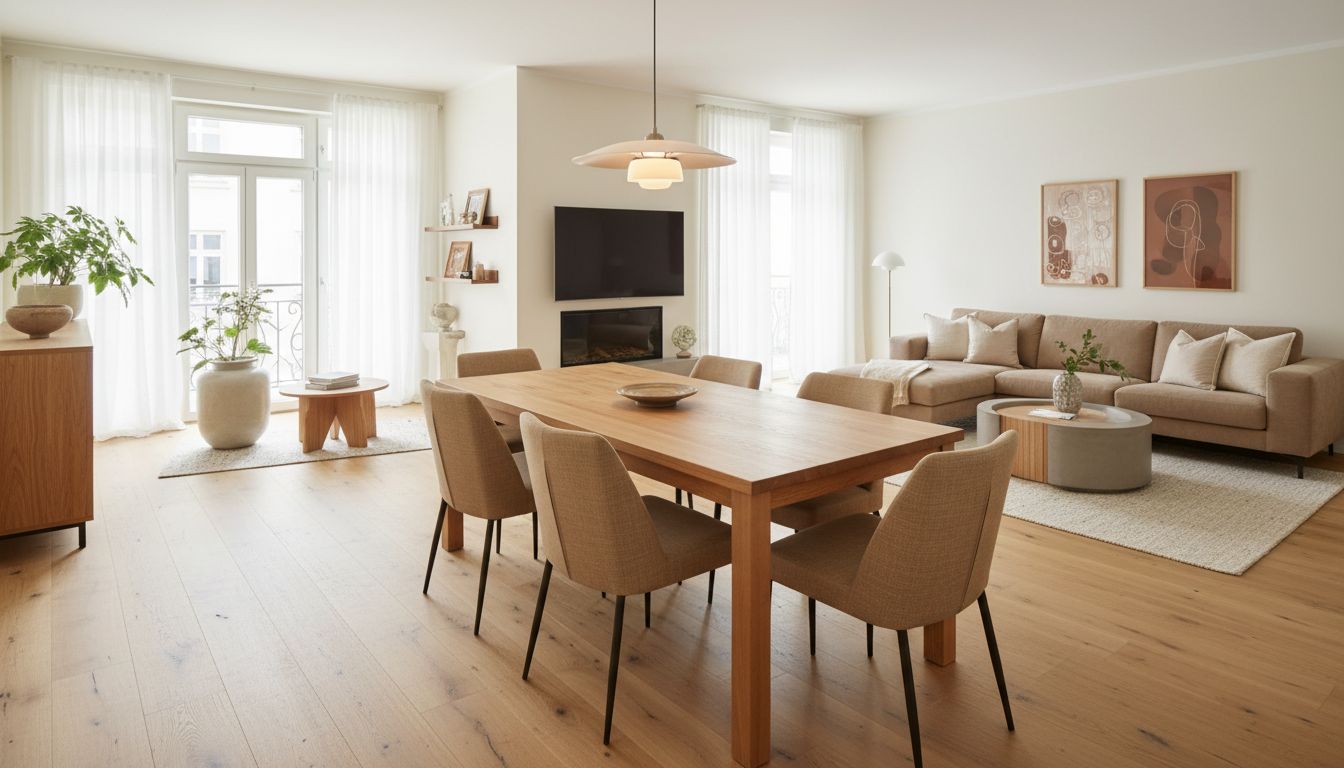 Offener Essbereich im Wohnraum, per KI mit neuem Tisch und passend zum Wohnzimmer abgestimmter Farbe gestaltet
