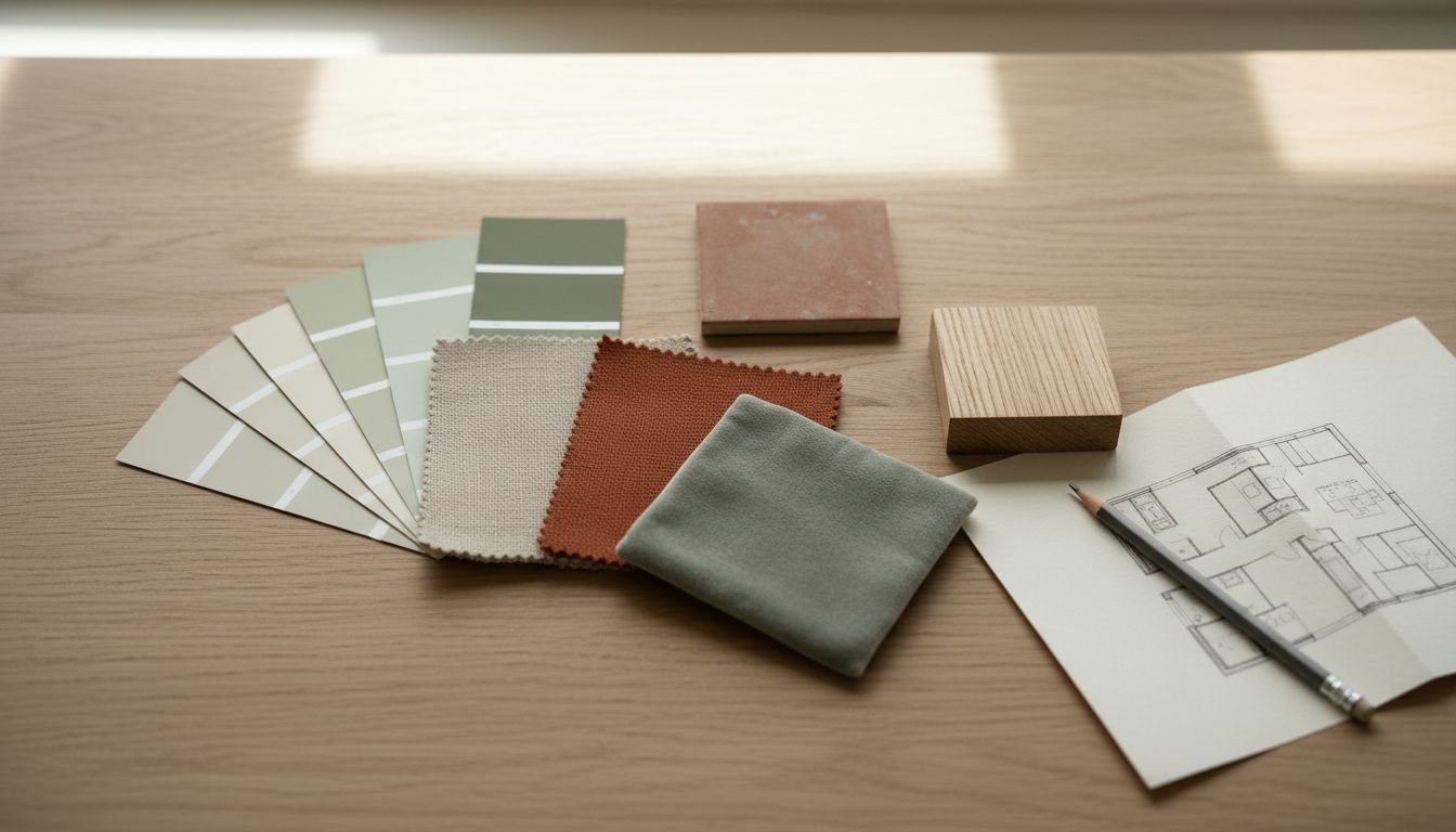 Farbmuster, Stoffproben, Holzmuster und Fliesenprobe in Cremeweiß, Salbeigrün und Terrakotta auf einem Holztisch neben einem Grundriss