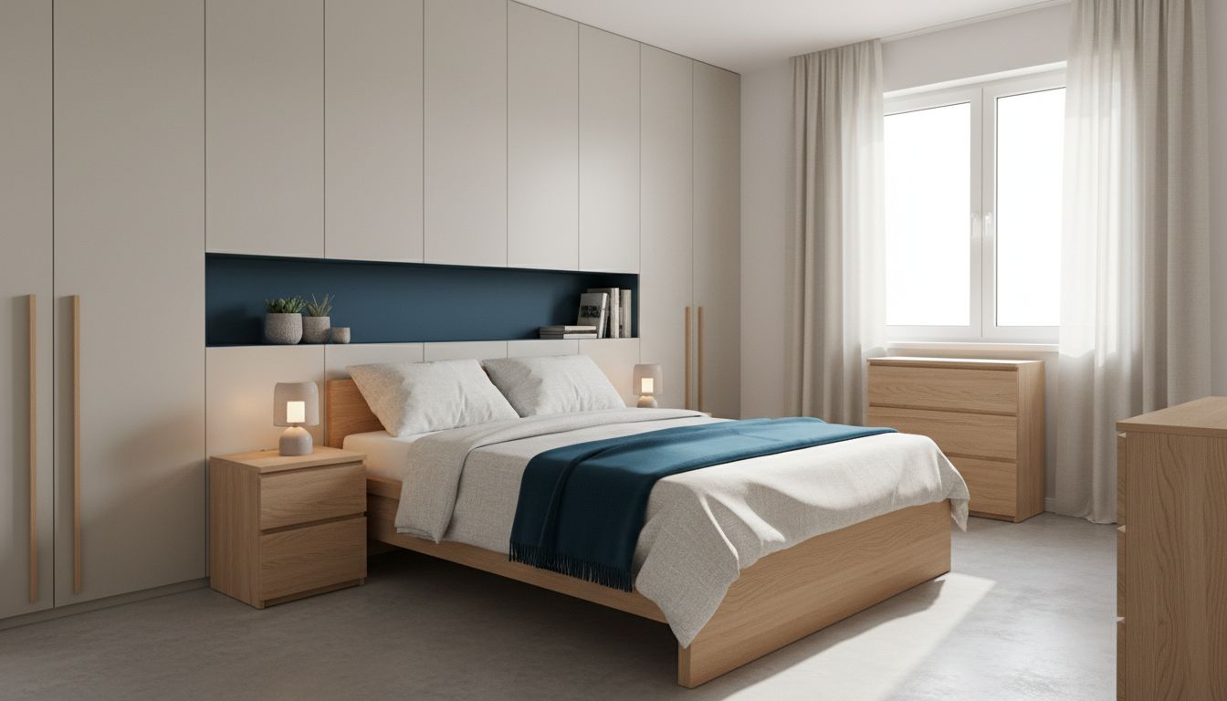 Schlafzimmer in hellem Greige mit Eichenmöbeln und einem petrolblauen Akzent in Wandnische und Plaid