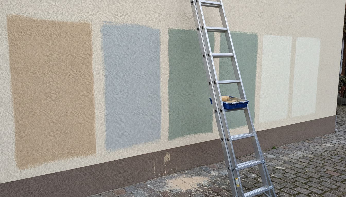 Farbproben in Sandbeige, Hellgrau, Graugrün und Cremeweiß auf einer Putzwand, davor eine Leiter mit Farbwanne