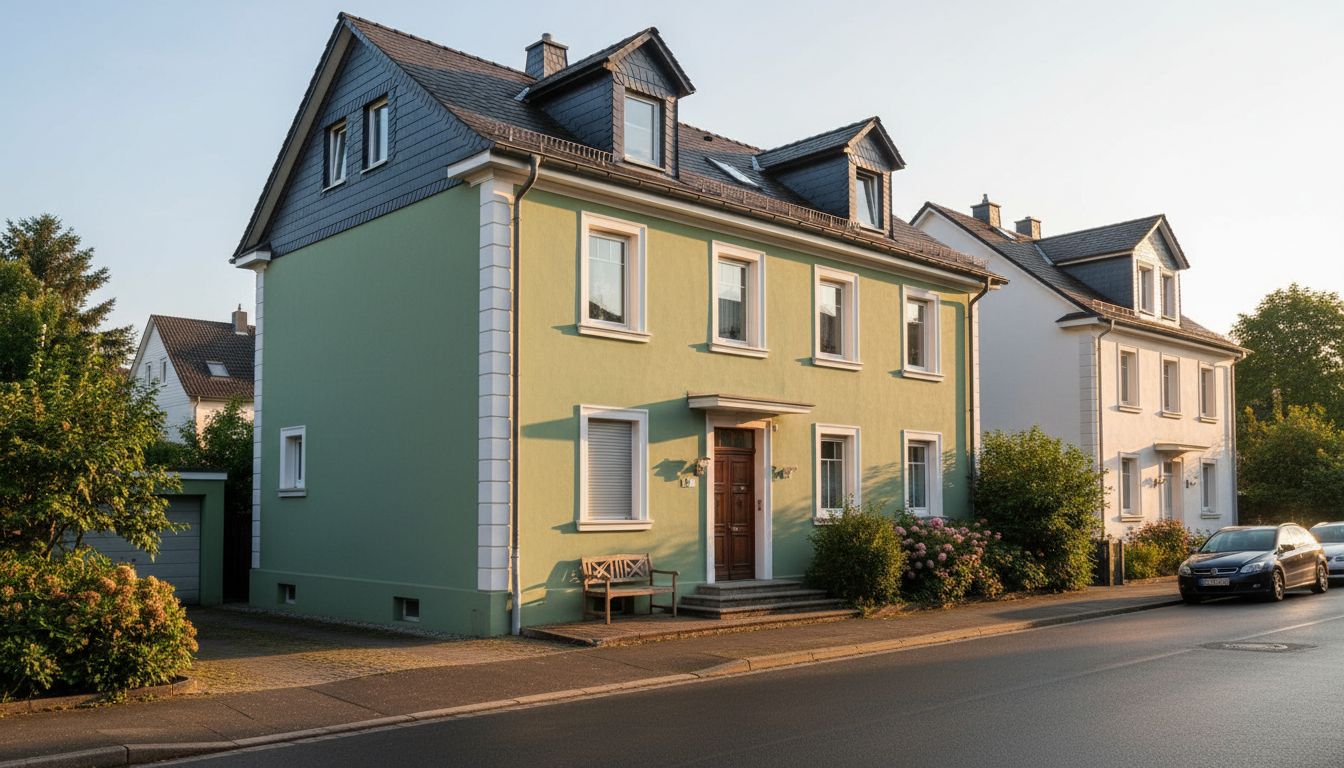 Doppelhaushälfte mit Fassade in hellem Salbeigrün, weißen Fensterlaibungen, dunkler Holztür und Schieferdach im Abendlicht