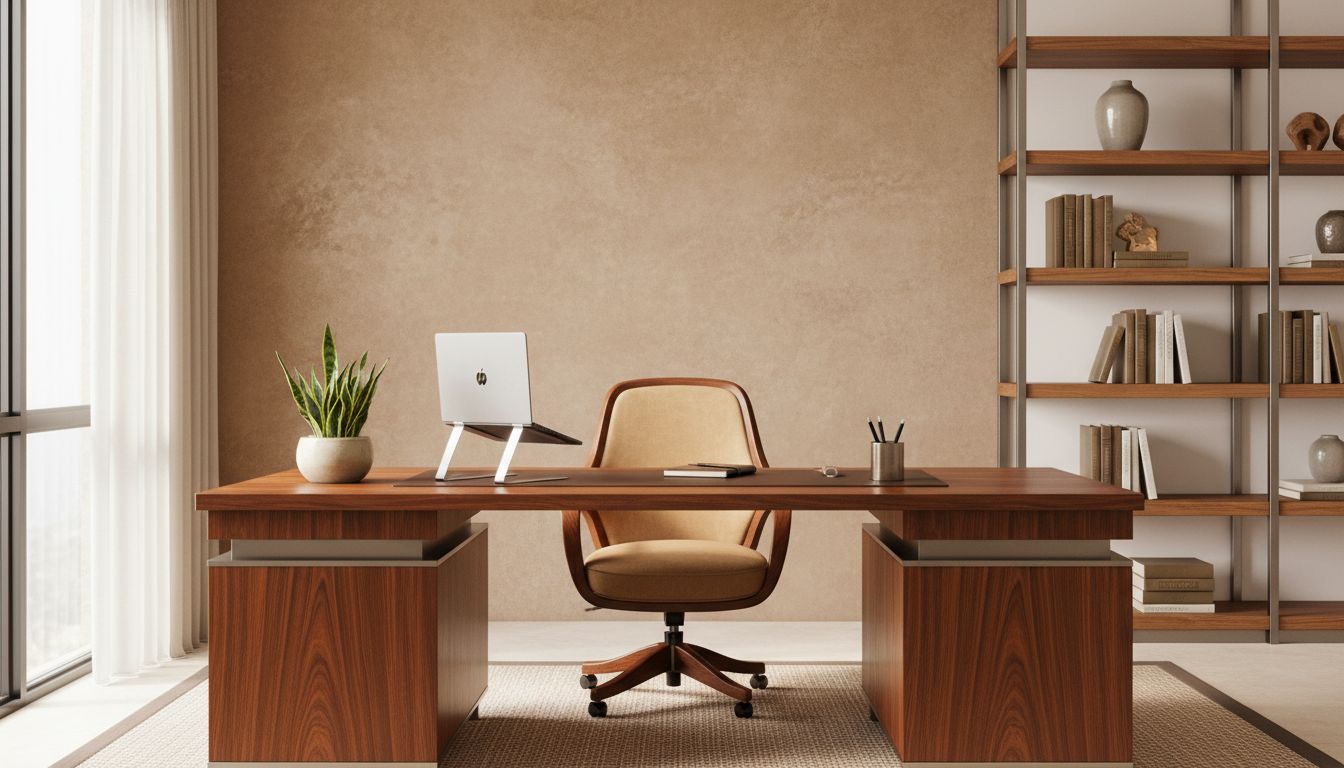 Home Office mit Feng Shui Schreibtischposition - Rücken zur Wand, Blick zur Tür