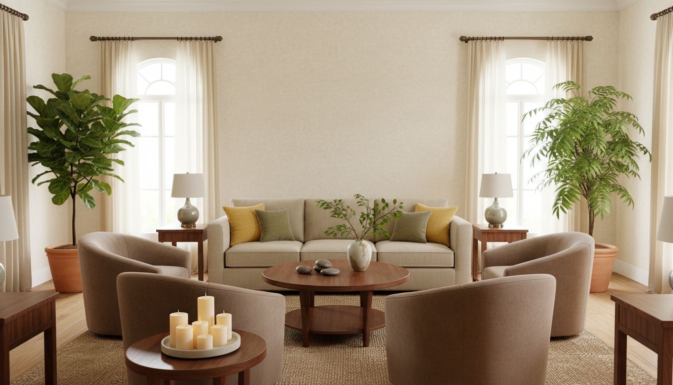 Wohnzimmer mit optimaler Feng Shui Möbelanordnung - Sofa mit Wandrücken und freiem Blick zur Tür